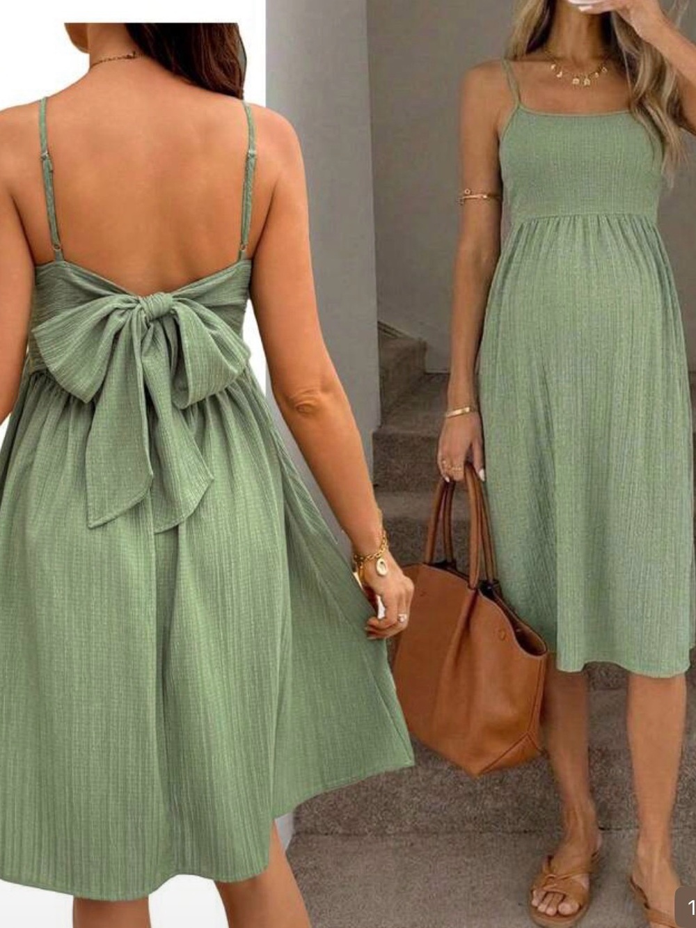 Sleeveless Maternity Sage Green Midi Dress with Back Bow